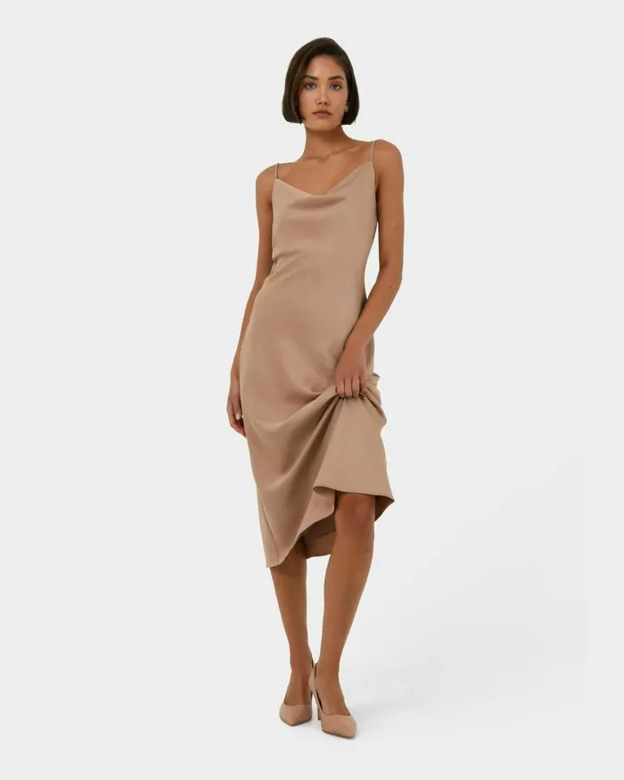 Forcast Joy Satin Cowl Neck Dress Warm Taupeblack Women Midi Dresses