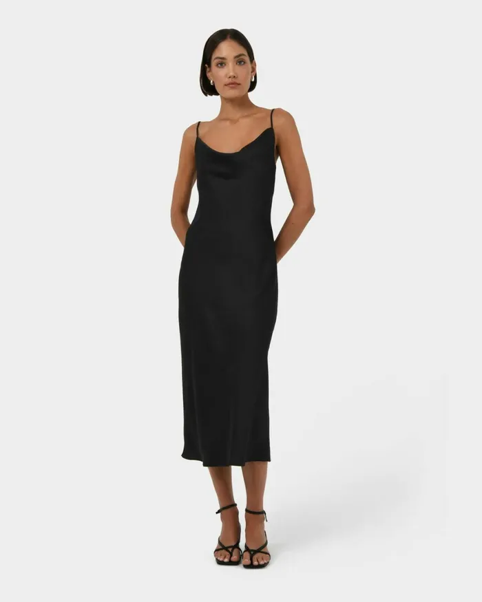 Forcast Joy Satin Cowl Neck Dress Warm Taupeblack Women Midi Dresses
