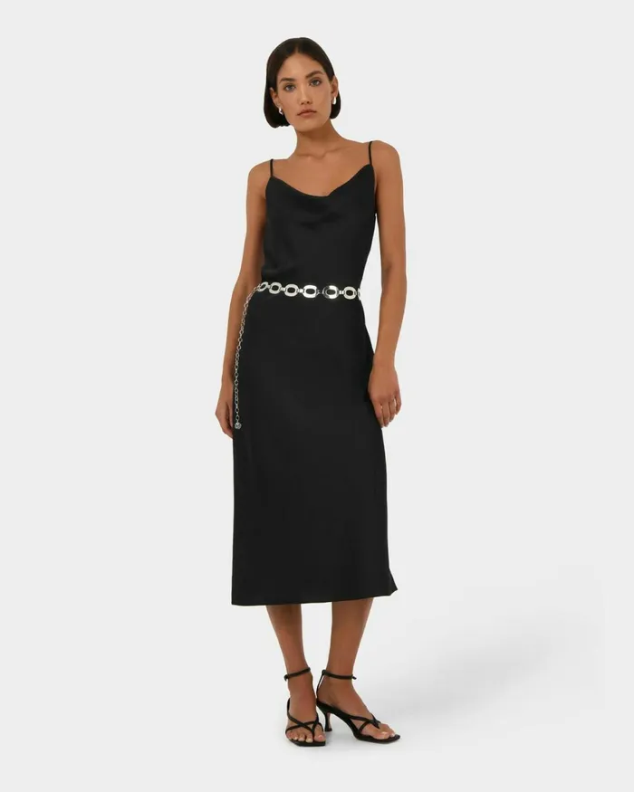 Forcast Joy Satin Cowl Neck Dress Warm Taupeblack Women Midi Dresses