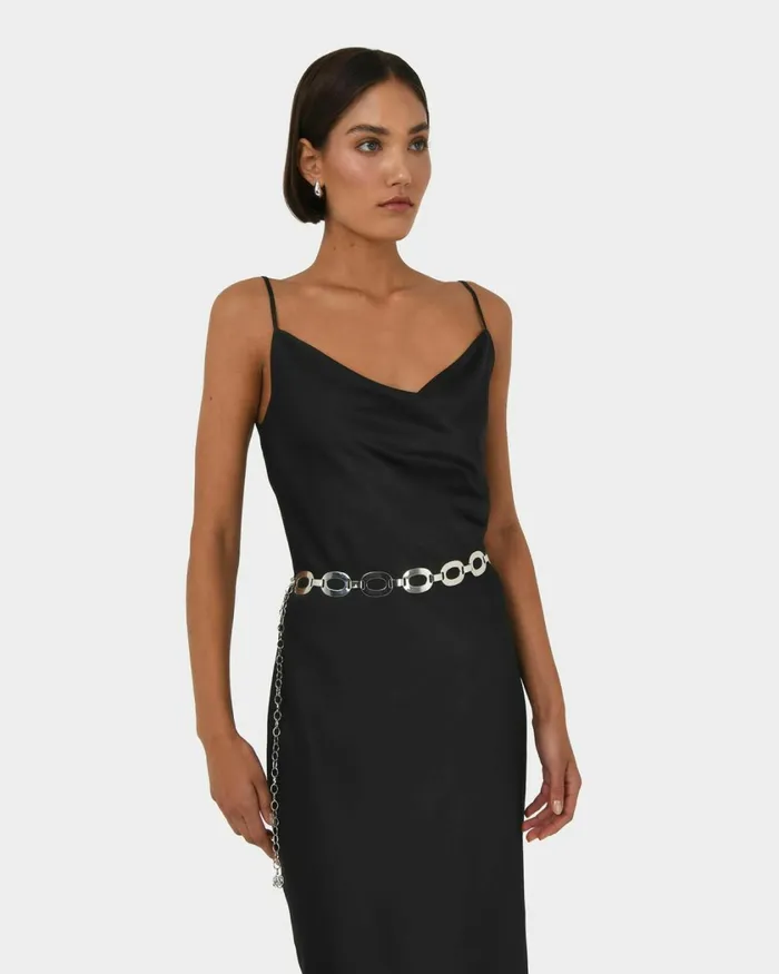 Forcast Joy Satin Cowl Neck Dress Warm Taupeblack Women Midi Dresses