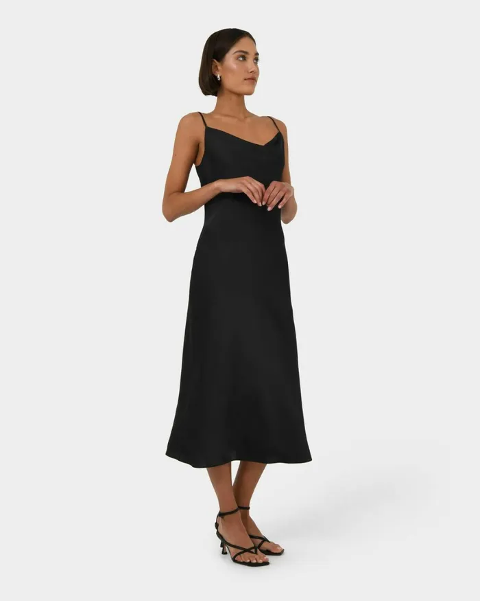 Forcast Joy Satin Cowl Neck Dress Warm Taupeblack Women Midi Dresses