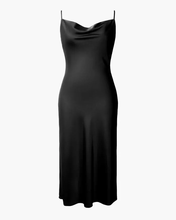 Forcast Joy Satin Cowl Neck Dress Warm Taupeblack Women Midi Dresses