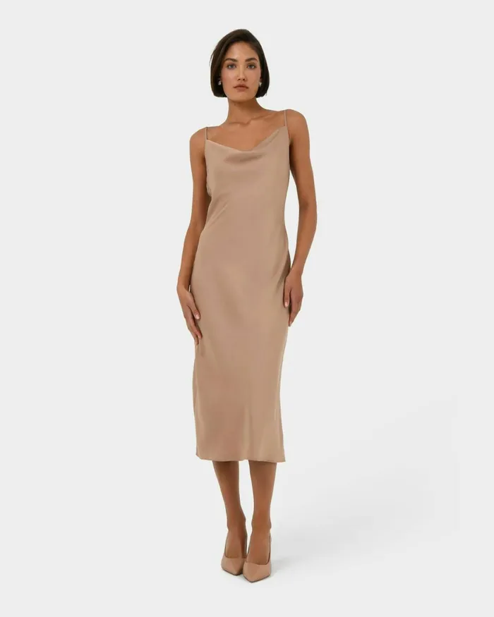 Forcast Joy Satin Cowl Neck Dress Warm Taupeblack Women Midi Dresses
