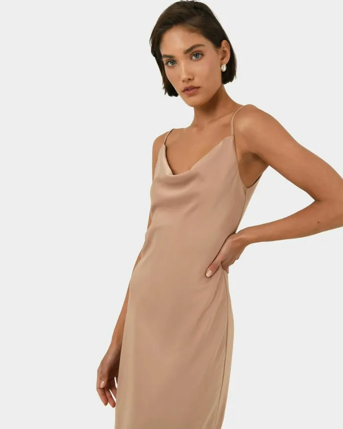 Forcast Joy Satin Cowl Neck Dress Warm Taupeblack Women Midi Dresses