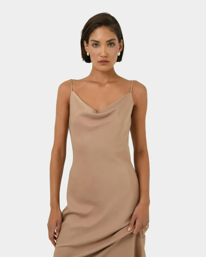 Forcast Joy Satin Cowl Neck Dress Warm Taupeblack Women Midi Dresses