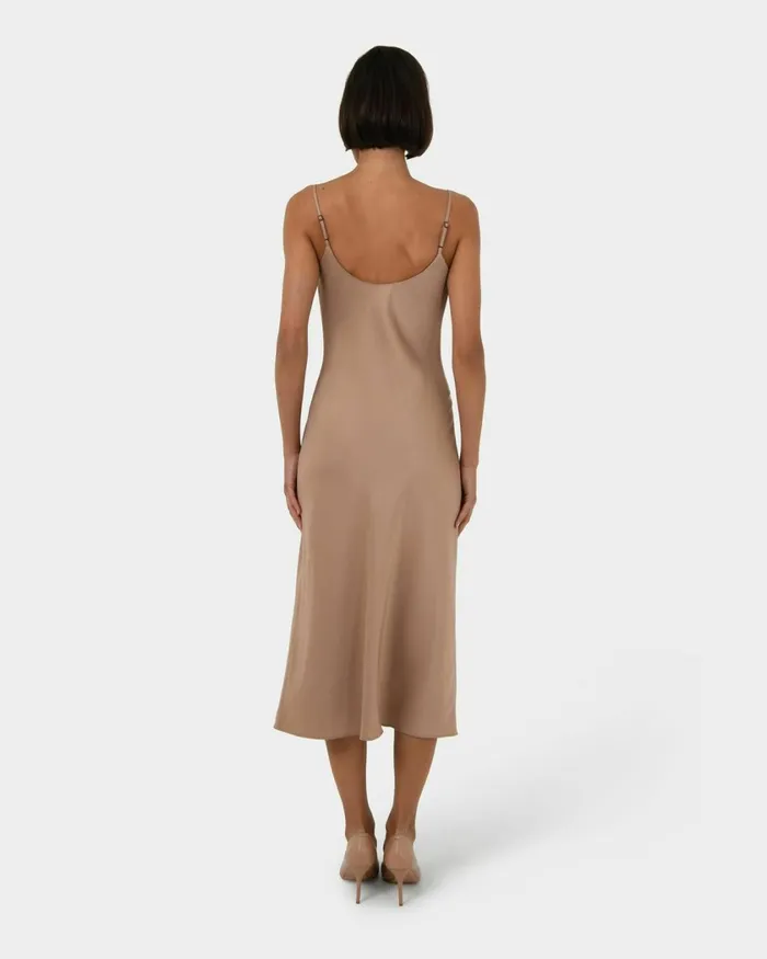 Forcast Joy Satin Cowl Neck Dress Warm Taupeblack Women Midi Dresses