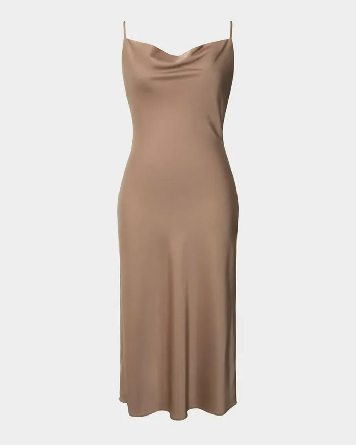 Forcast Joy Satin Cowl Neck Dress Warm Taupeblack Women Midi Dresses