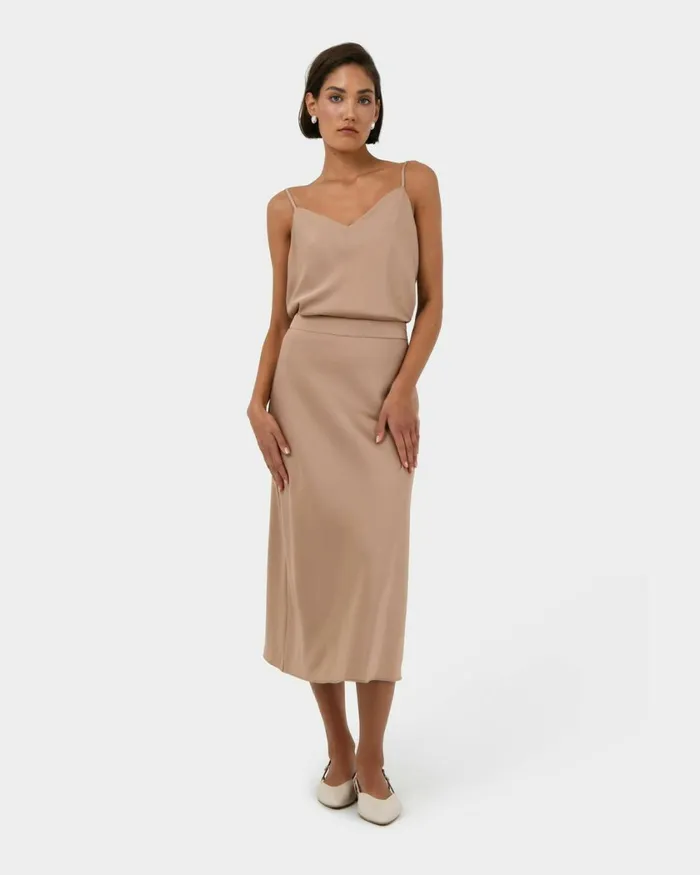 Forcast Joy Satin Midi Skirt Warm Taupeblack Women Midi and Maxi Skirts