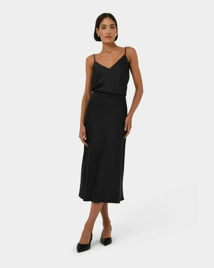 Forcast Joy Satin Midi Skirt Warm Taupeblack Women Midi and Maxi Skirts