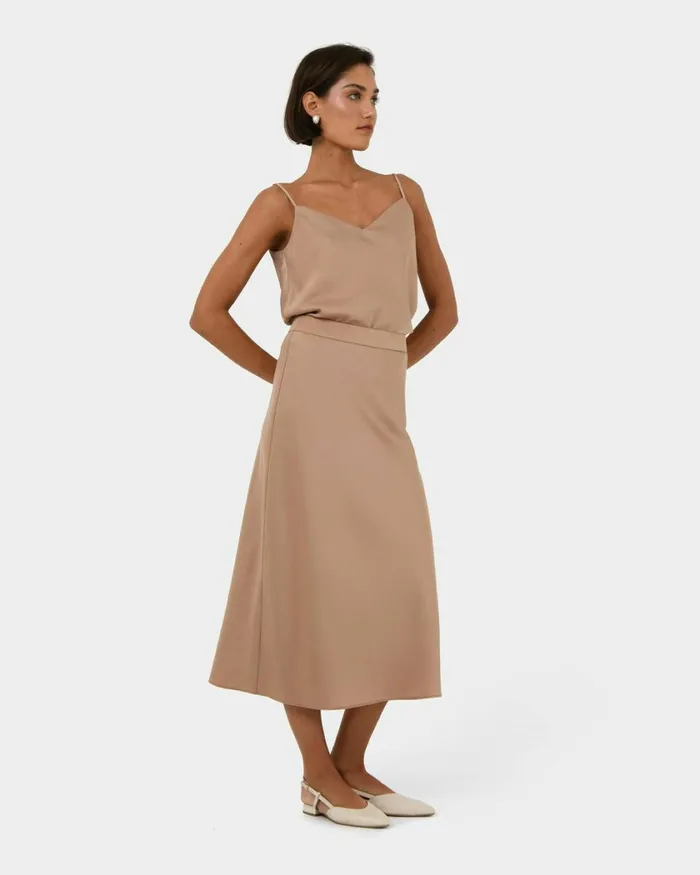 Forcast Joy Satin Midi Skirt Warm Taupeblack Women Midi and Maxi Skirts