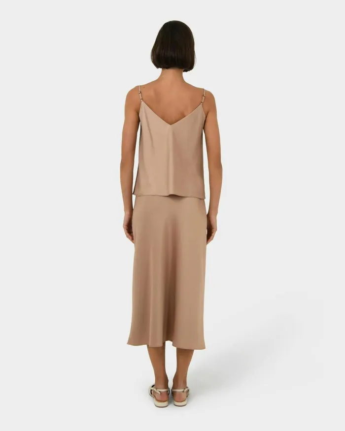 Forcast Joy Satin Midi Skirt Warm Taupeblack Women Midi and Maxi Skirts
