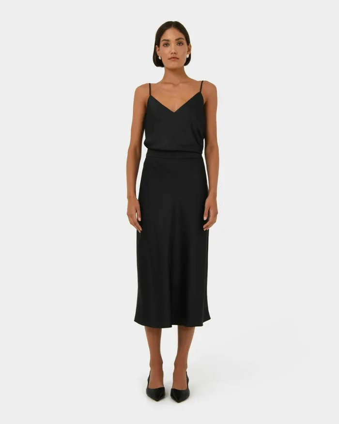 Forcast Joy Satin Midi Skirt Warm Taupeblack Women Midi and Maxi Skirts