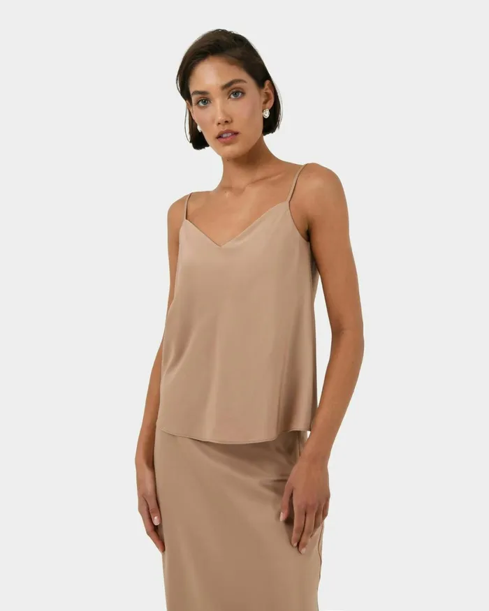 Forcast Joy Satin Vneck Cami Warm Taupeblack Women TShirts and Tops