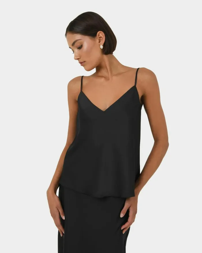 Forcast Joy Satin Vneck Cami Warm Taupeblack Women TShirts and Tops