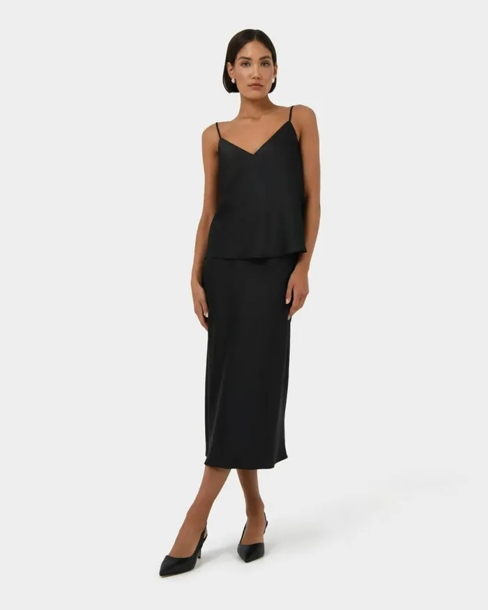 Forcast Joy Satin Vneck Cami Warm Taupeblack Women TShirts and Tops