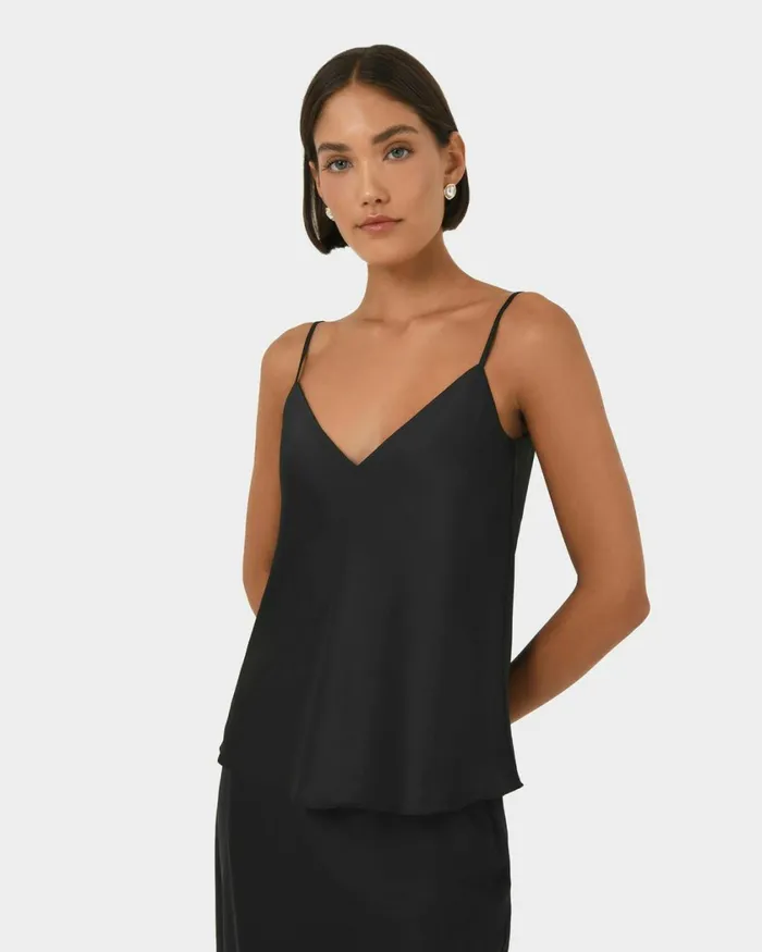 Forcast Joy Satin Vneck Cami Warm Taupeblack Women TShirts and Tops