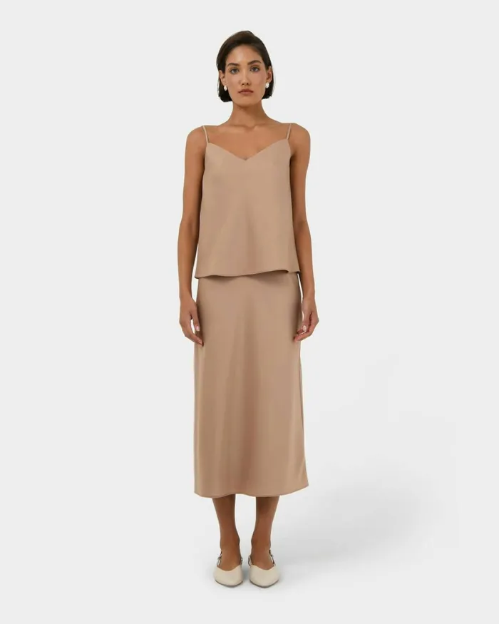 Forcast Joy Satin Vneck Cami Warm Taupeblack Women TShirts and Tops