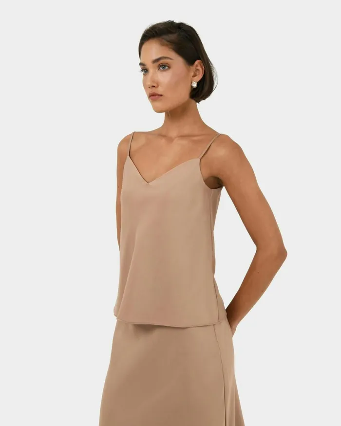 Forcast Joy Satin Vneck Cami Warm Taupeblack Women TShirts and Tops