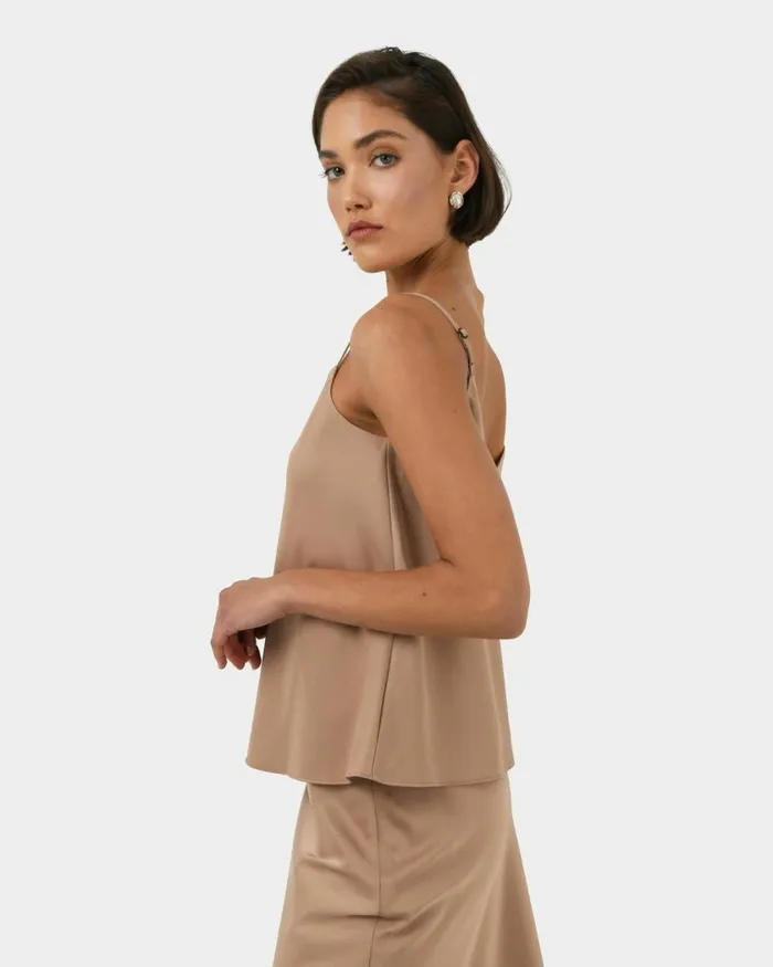 Forcast Joy Satin Vneck Cami Warm Taupeblack Women TShirts and Tops
