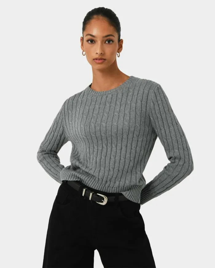 Forcast Juanita Cotton Cable Knit Toffeepowder Bluegrey Women Long Sleeve Tops Forcast Juanita Cotton Cable Knit Toffeepowder Bluegrey Women Long Sleeve Tops