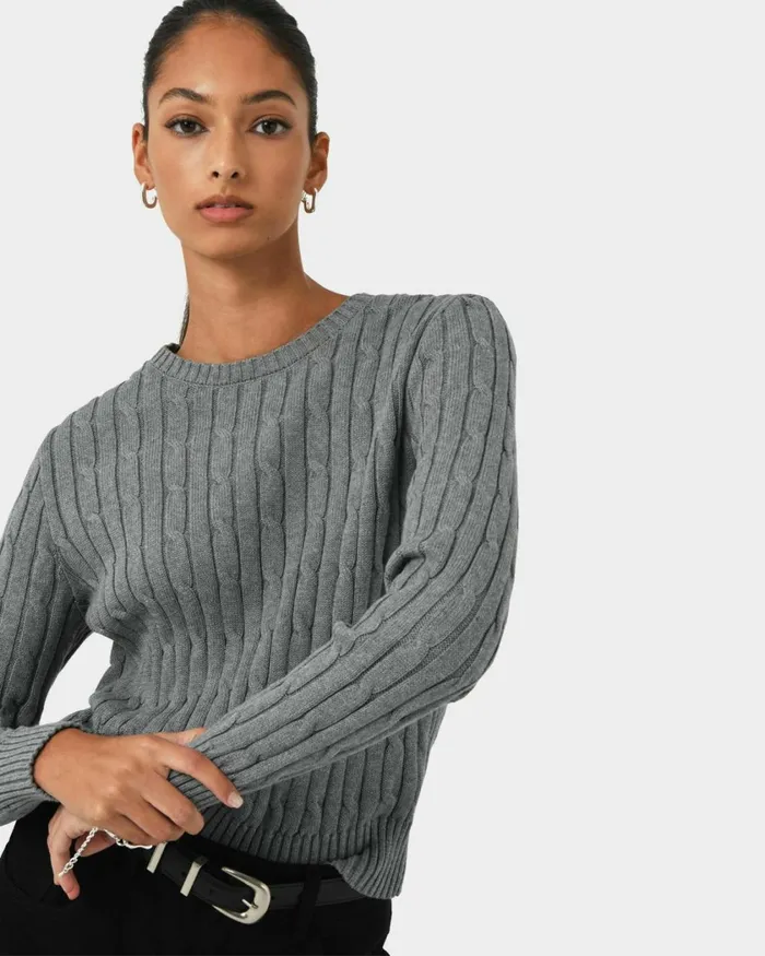 Forcast Juanita Cotton Cable Knit Toffeepowder Bluegrey Women Long Sleeve Tops