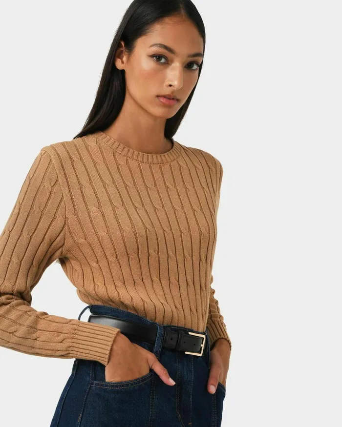 Forcast Juanita Cotton Cable Knit Toffeepowder Bluegrey Women Long Sleeve Tops