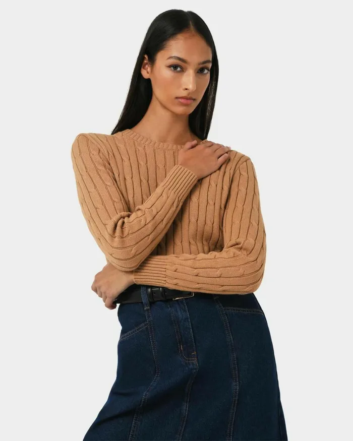Forcast Juanita Cotton Cable Knit Toffeepowder Bluegrey Women Long Sleeve Tops