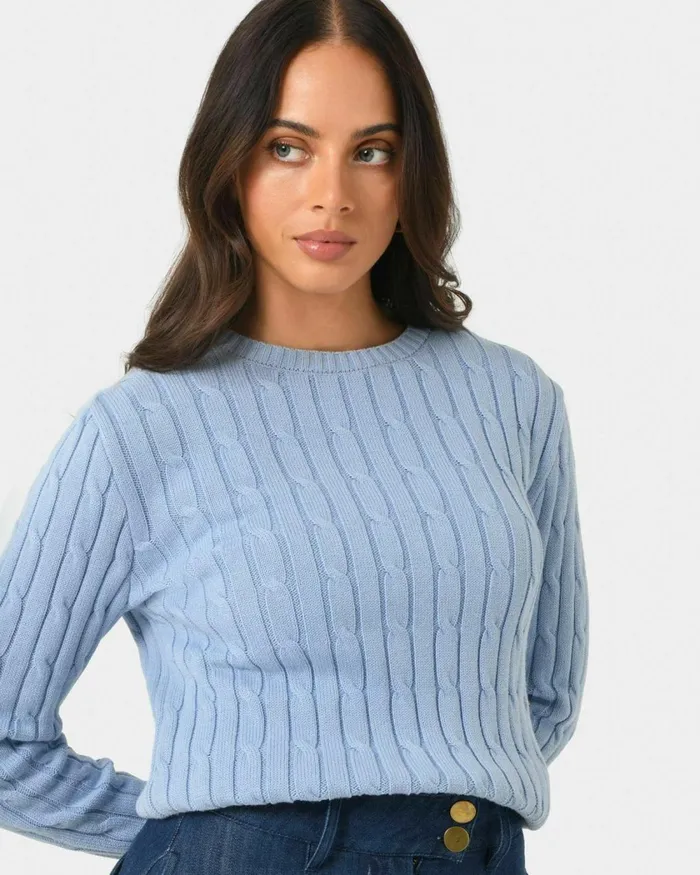 Forcast Juanita Cotton Cable Knit Toffeepowder Bluegrey Women Long Sleeve Tops