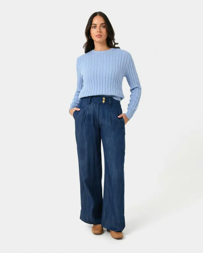 Forcast Juanita Cotton Cable Knit Toffeepowder Bluegrey Women Long Sleeve Tops