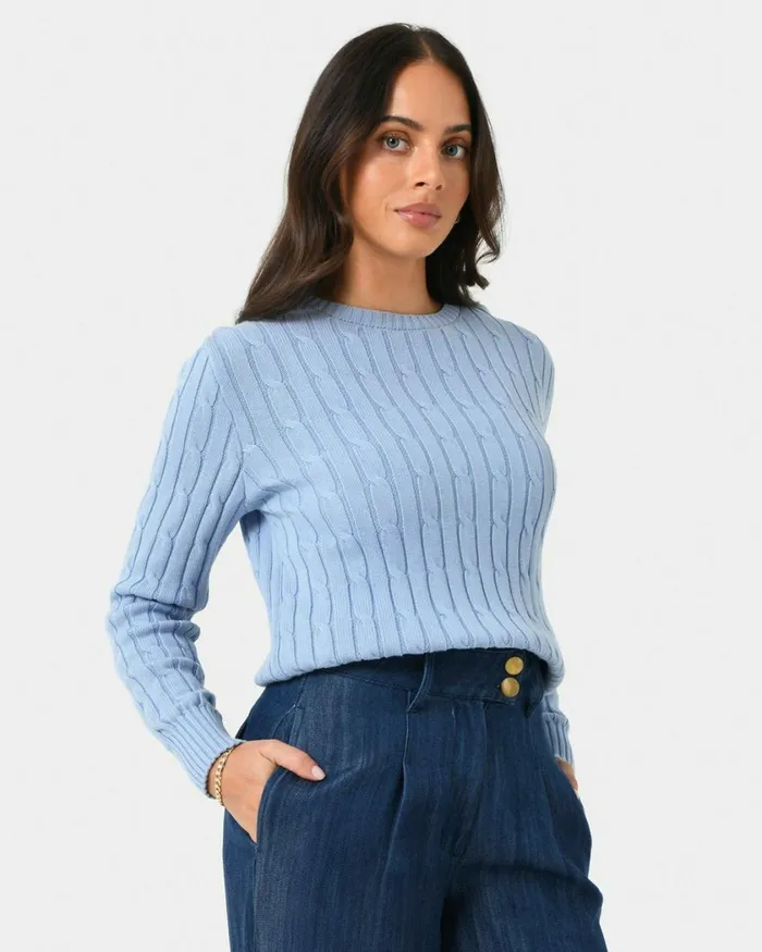 Forcast Juanita Cotton Cable Knit Toffeepowder Bluegrey Women Long Sleeve Tops