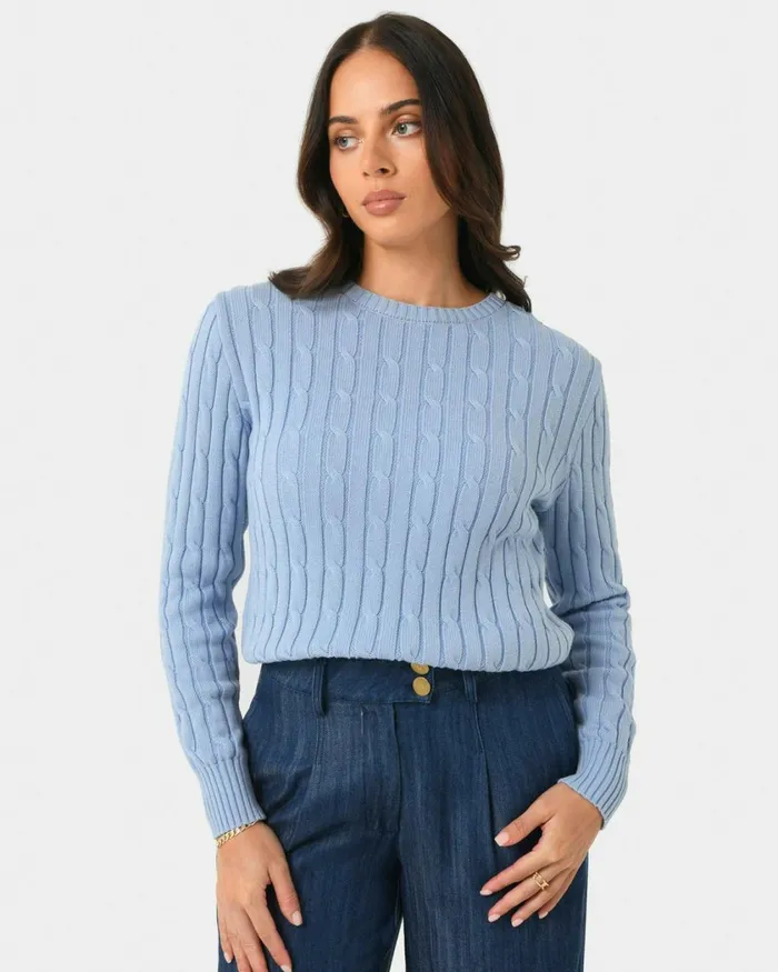 Forcast Juanita Cotton Cable Knit Toffeepowder Bluegrey Women Long Sleeve Tops