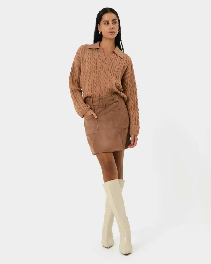 Forcast Julie Faux Suede Mini Skirt Camelolive Khaki Women Mini Skirts