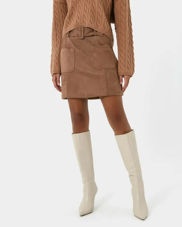 Forcast Julie Faux Suede Mini Skirt Camelolive Khaki Women Mini Skirts