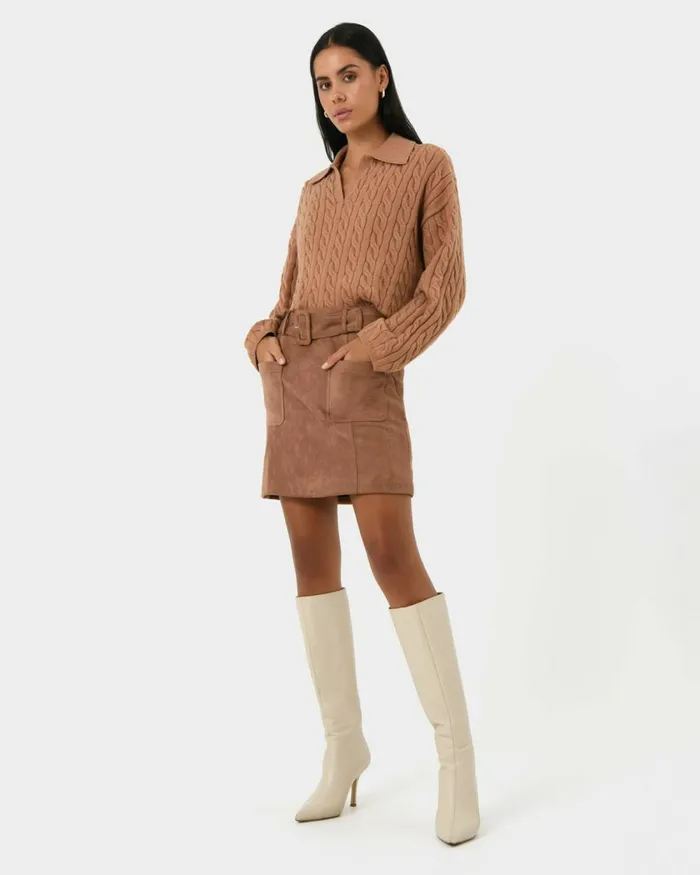 Forcast Julie Faux Suede Mini Skirt Camelolive Khaki Women Mini Skirts