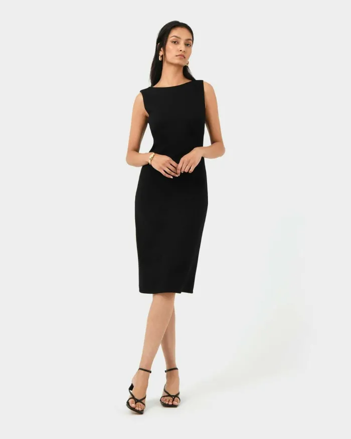 Forcast Juno Ponte Fitted Dress Black Women Midi Dresses