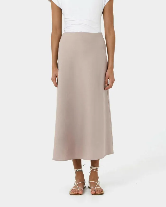Forcast Kade Linen Blend Midi Skirt Light Taupe Women Midi and Maxi Skirts