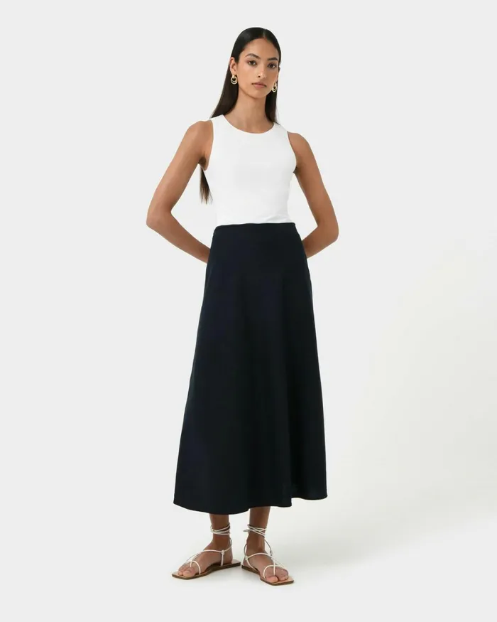 Forcast Kade Linen Blend Midi Skirt Navy Women Midi and Maxi Skirts