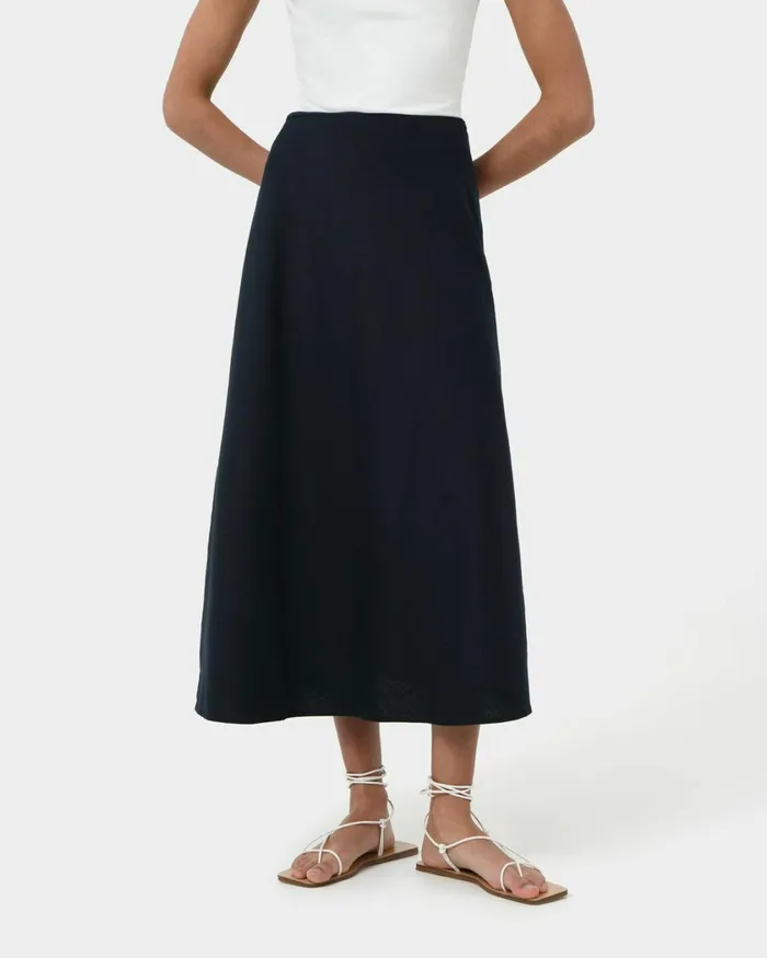 Forcast Kade Linen Blend Midi Skirt Navy Women Midi and Maxi Skirts