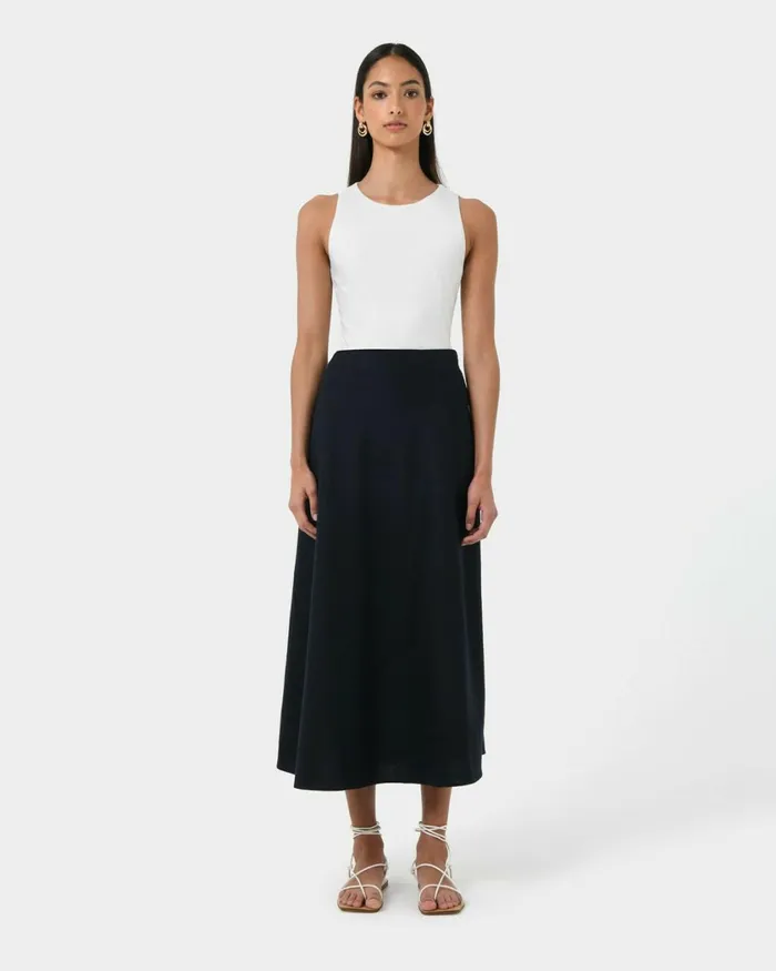 Forcast Kade Linen Blend Midi Skirt Navy Women Midi and Maxi Skirts