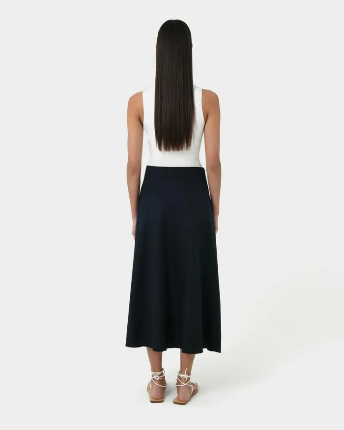 Forcast Kade Linen Blend Midi Skirt Navy Women Midi and Maxi Skirts
