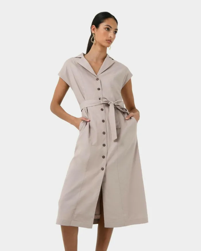 Forcast Kade Vneck Linen Dress Light Taupe Women Midi Dresses