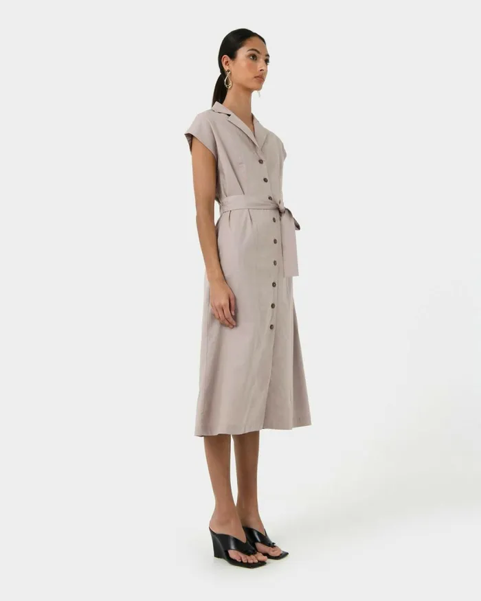 Forcast Kade Vneck Linen Dress Light Taupe Women Midi Dresses