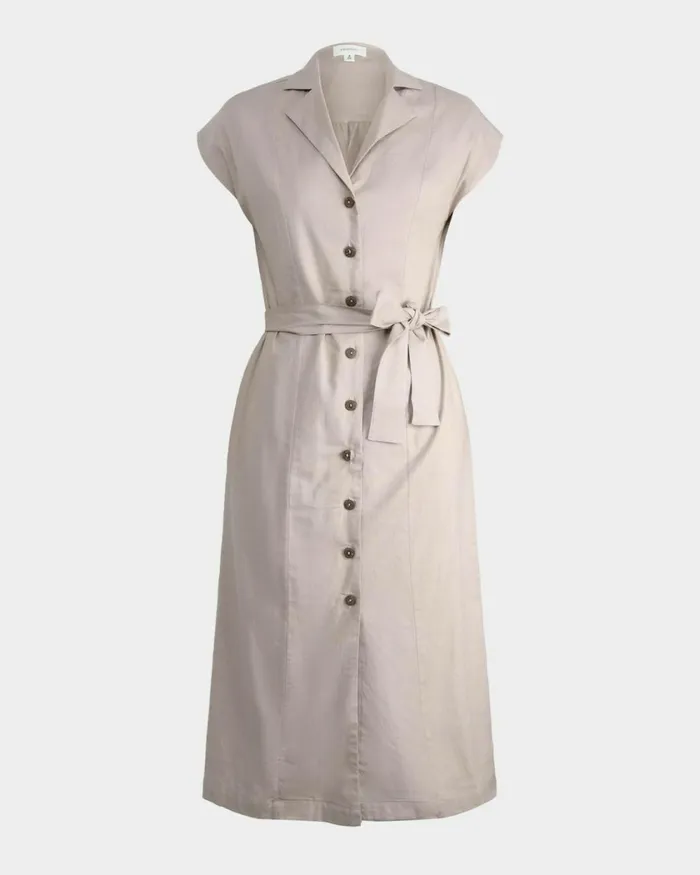 Forcast Kade Vneck Linen Dress Light Taupe Women Midi Dresses