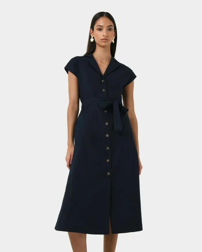 Forcast Kade Vneck Linen Dress Navy Women Midi Dresses