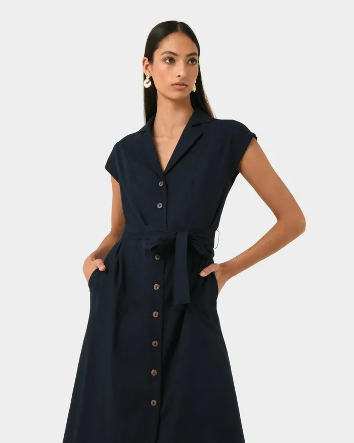 Forcast Kade Vneck Linen Dress Navy Women Midi Dresses