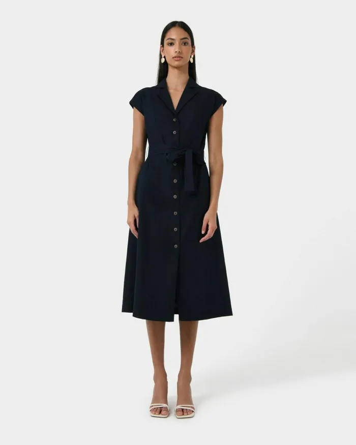 Forcast Kade Vneck Linen Dress Navy Women Midi Dresses