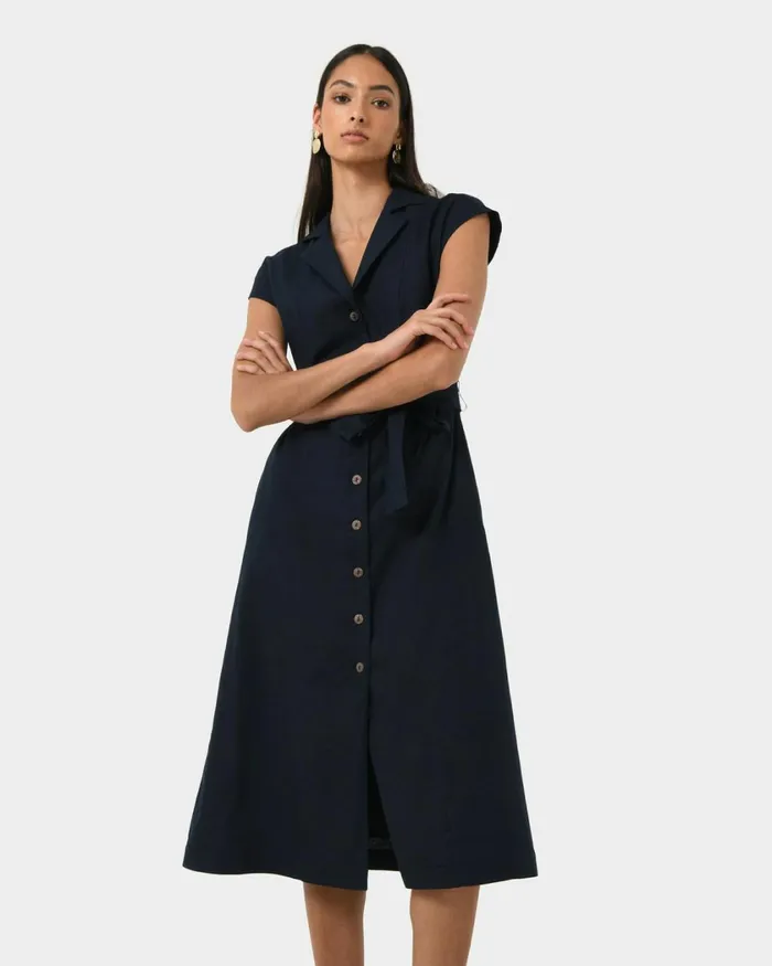 Forcast Kade Vneck Linen Dress Navy Women Midi Dresses