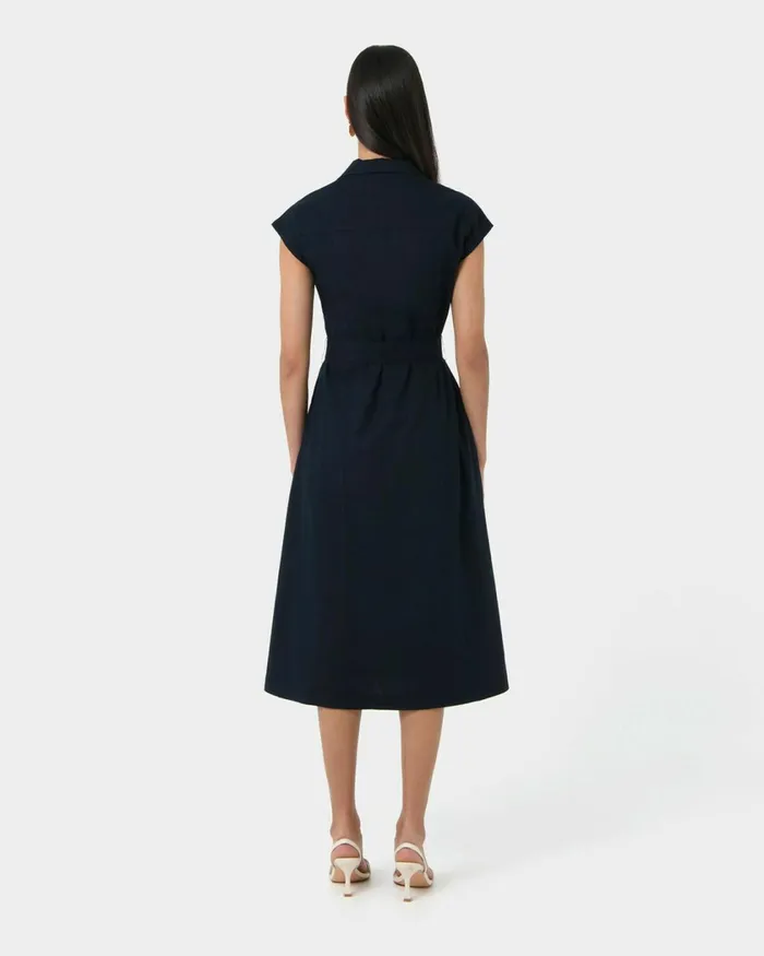 Forcast Kade Vneck Linen Dress Navy Women Midi Dresses