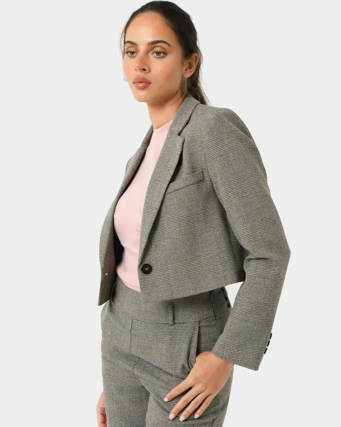 Forcast Kai Checked Crop Blazer Women Work Tops