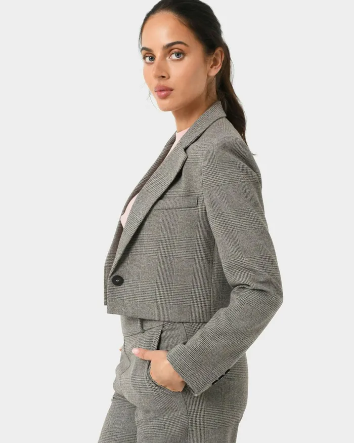 Forcast Kai Checked Crop Blazer Women Work Tops